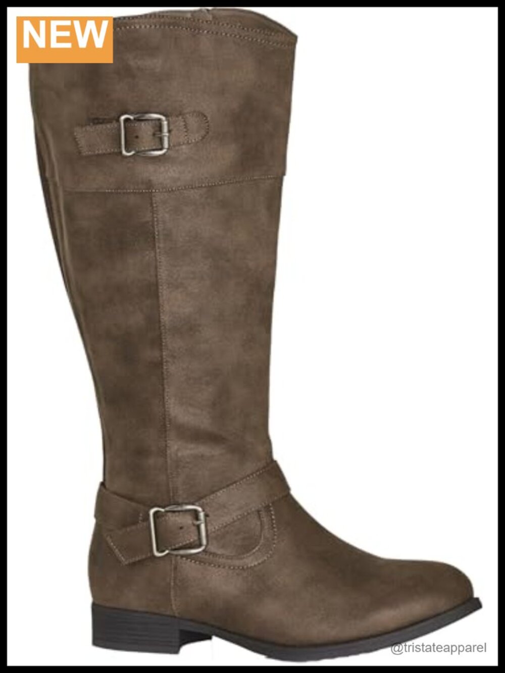 Wide Fit Tall Riding Boots Taupe Faux Leather Block Heel Round Toe